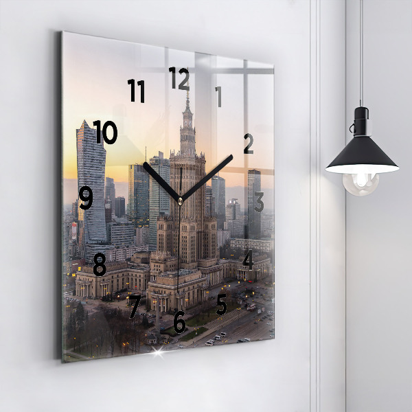 Square glass wall clock Panorama of Warsaw