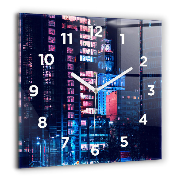 Square glass wall clock Warsaw at night