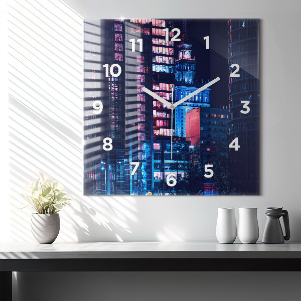 Square glass wall clock Warsaw at night