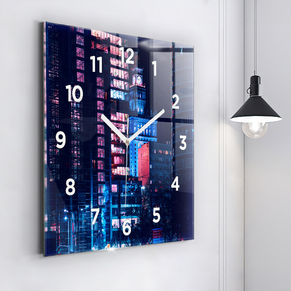 Square glass wall clock Warsaw at night