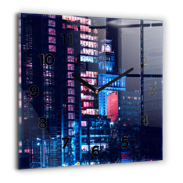 Square glass wall clock Warsaw at night
