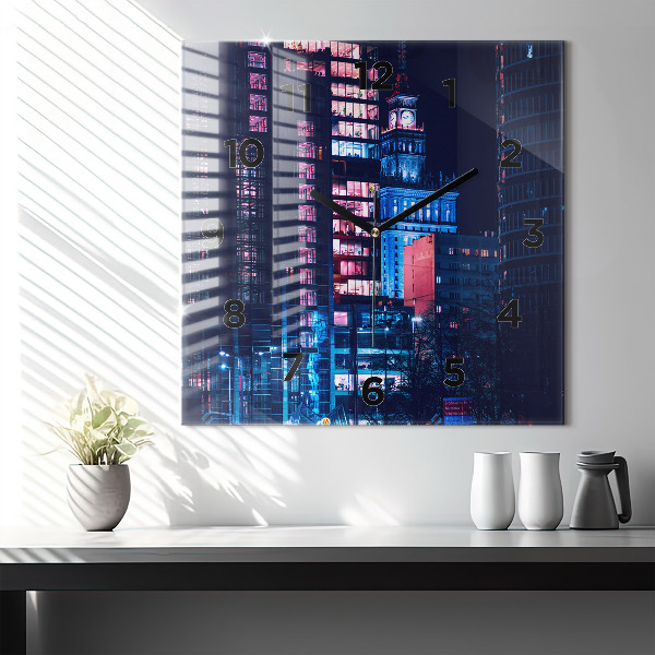 Square glass wall clock Warsaw at night