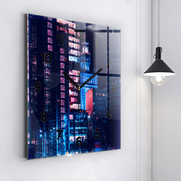 Square glass wall clock Warsaw at night