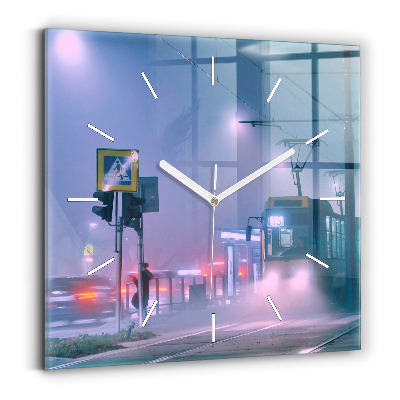 Square glass wall clock Warsaw in the fog