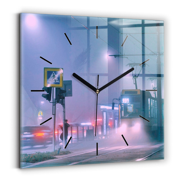 Square glass wall clock Warsaw in the fog