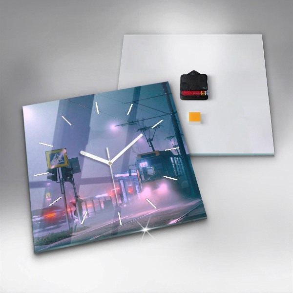 Square glass wall clock Warsaw in the fog