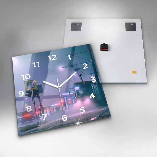 Square glass wall clock Warsaw in the fog