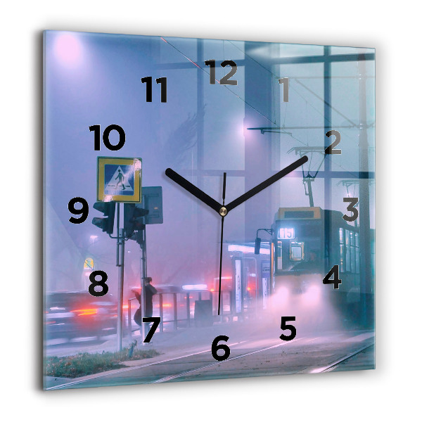 Square glass wall clock Warsaw in the fog