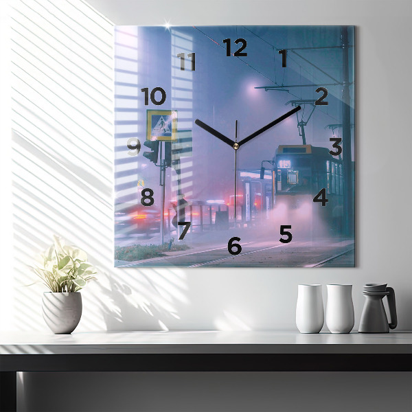 Square glass wall clock Warsaw in the fog