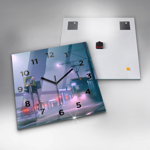 Square glass wall clock Warsaw in the fog