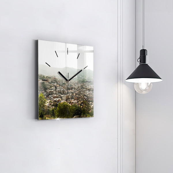 Square glass wall clock Barcelona view Montjuic