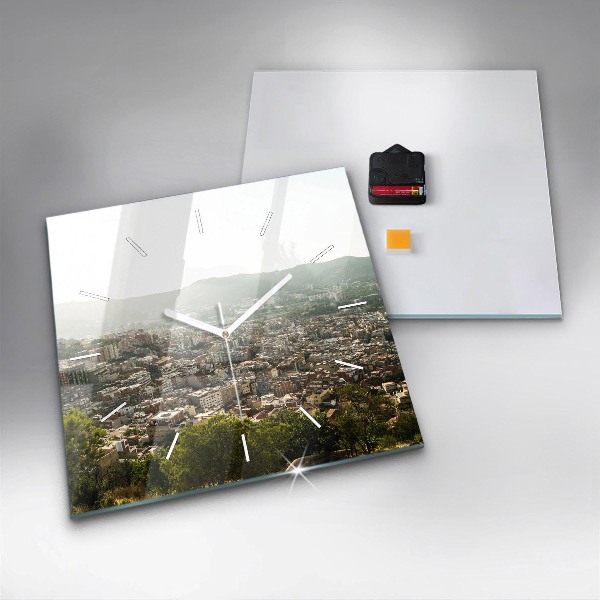 Square glass wall clock Barcelona view Montjuic