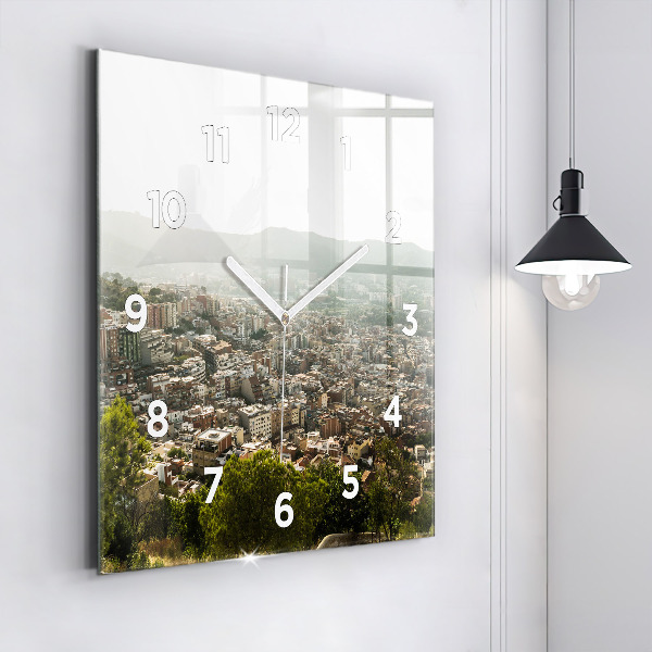 Square glass wall clock Barcelona view Montjuic