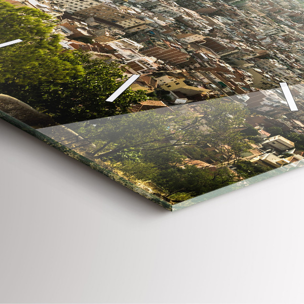 Square glass wall clock Barcelona view Montjuic