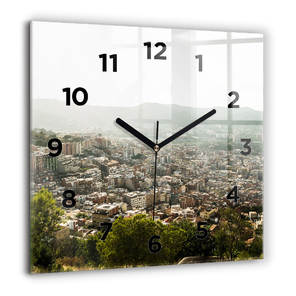 Square glass wall clock Barcelona view Montjuic
