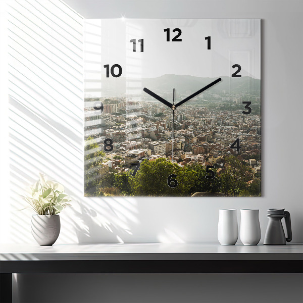Square glass wall clock Barcelona view Montjuic