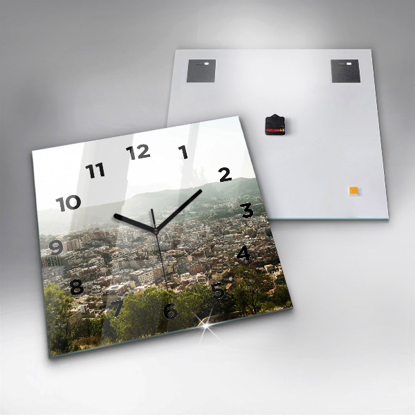 Square glass wall clock Barcelona view Montjuic