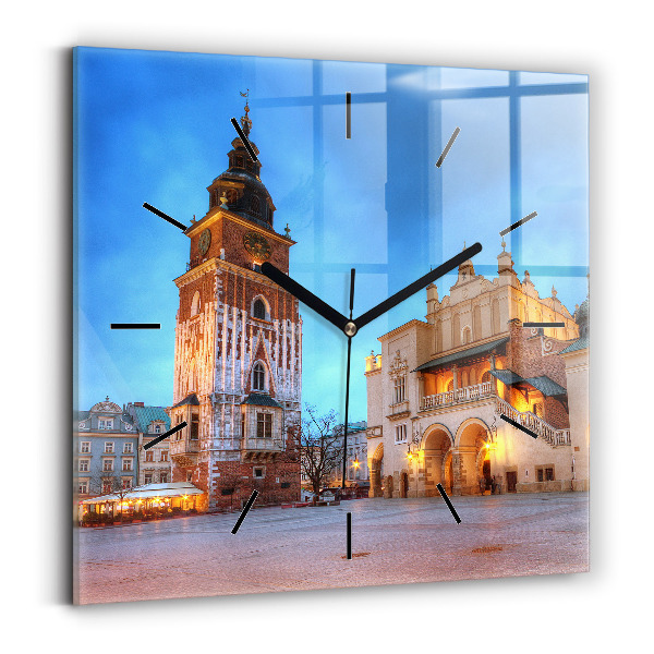 Square glass wall clock Main Market Square in Krakow