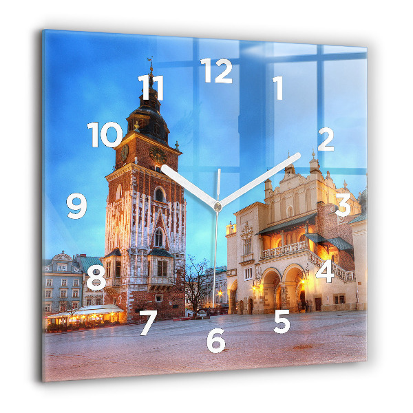 Square glass wall clock Main Market Square in Krakow