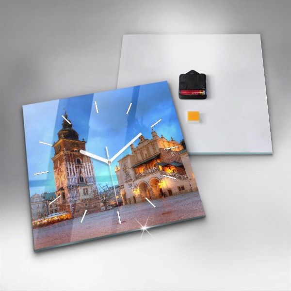 Square glass wall clock Main Market Square in Krakow