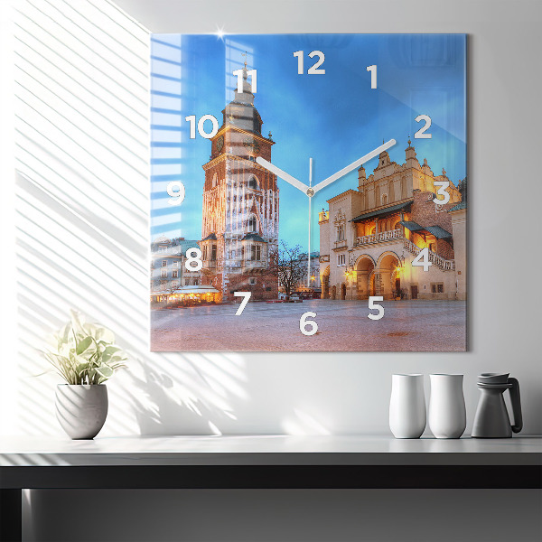 Square glass wall clock Main Market Square in Krakow