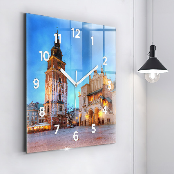 Square glass wall clock Main Market Square in Krakow