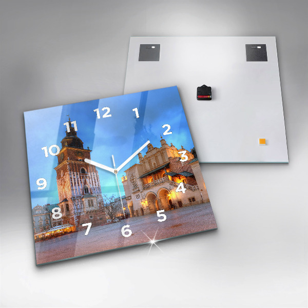 Square glass wall clock Main Market Square in Krakow