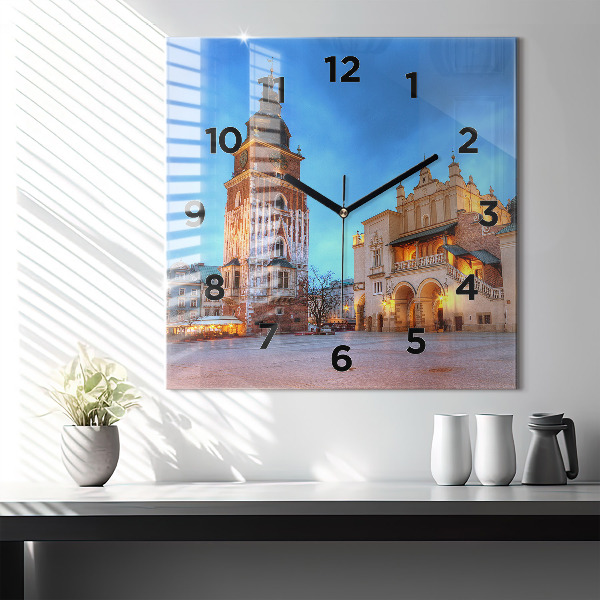 Square glass wall clock Main Market Square in Krakow