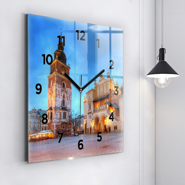 Square glass wall clock Main Market Square in Krakow