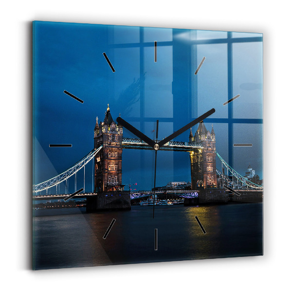 Square glass wall clock Tower Bridge London at night