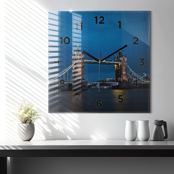 Square glass wall clock Tower Bridge London at night