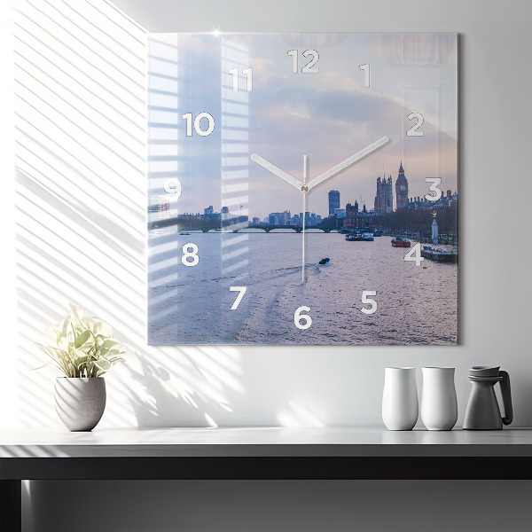 Square glass wall clock London Eye city panorama