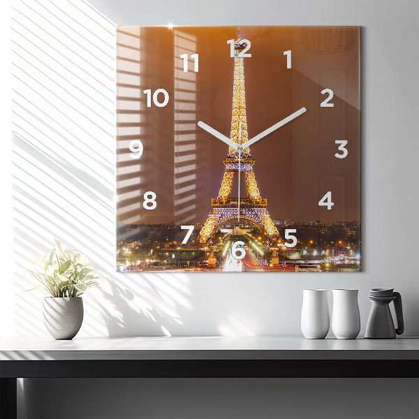 Square glass wall clock Illuminated Eiffel Tower