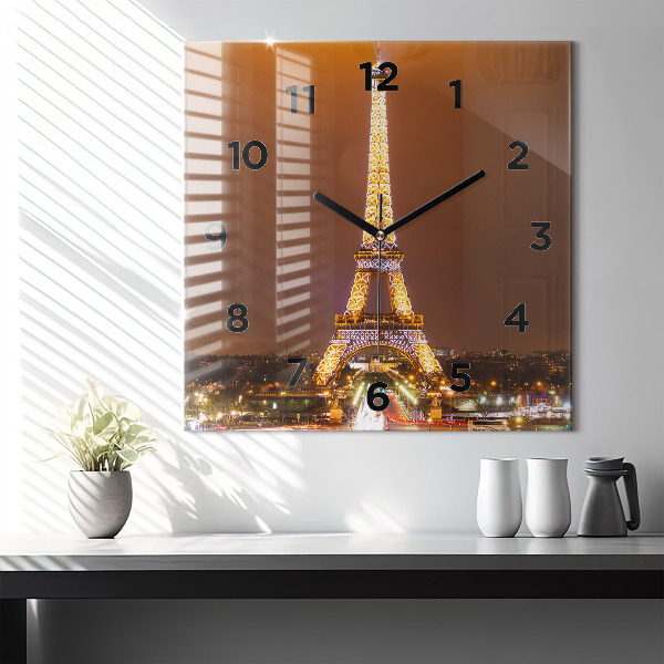 Square glass wall clock Illuminated Eiffel Tower