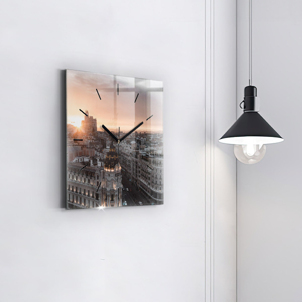 Square glass wall clock Cities at sunset
