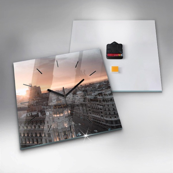 Square glass wall clock Cities at sunset