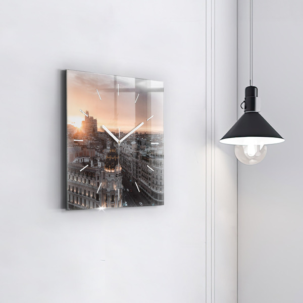 Square glass wall clock Cities at sunset