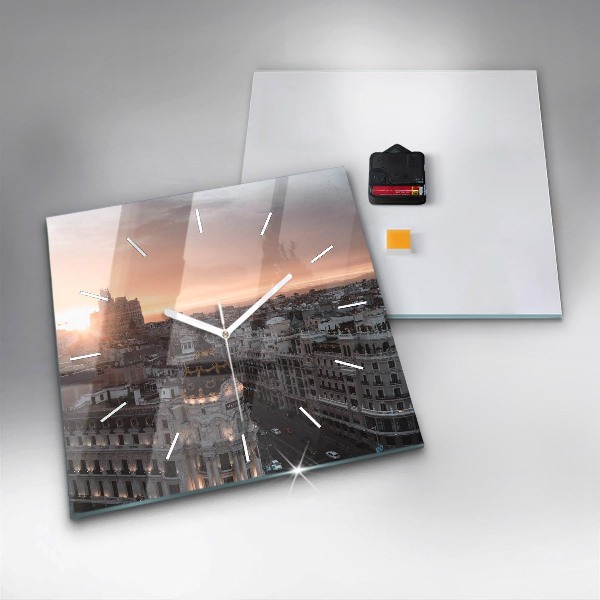 Square glass wall clock Cities at sunset