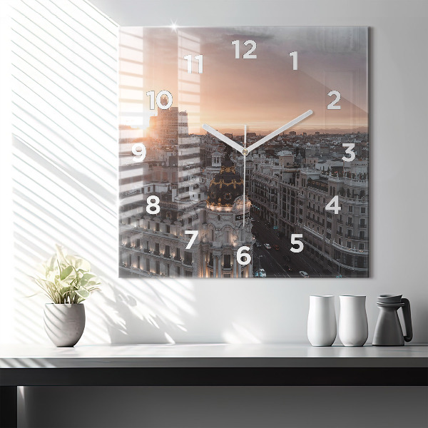 Square glass wall clock Cities at sunset