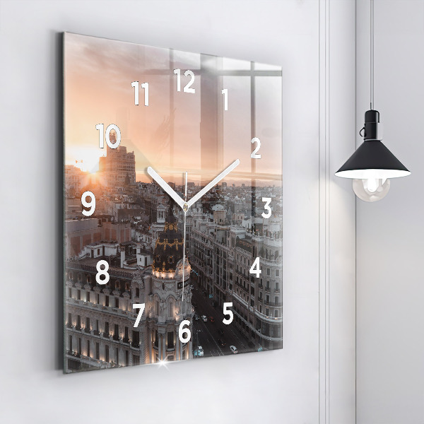 Square glass wall clock Cities at sunset