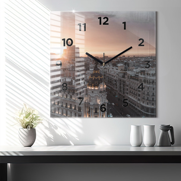 Square glass wall clock Cities at sunset