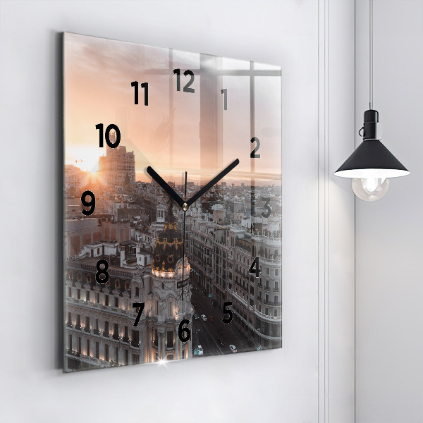 Square glass wall clock Cities at sunset