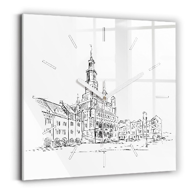 Square glass wall clock Sketch of the old town of Poznań