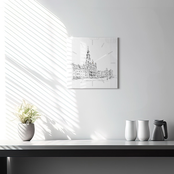 Square glass wall clock Sketch of the old town of Poznań