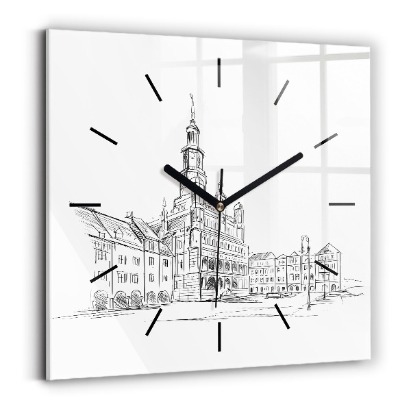 Square glass wall clock Sketch of the old town of Poznań