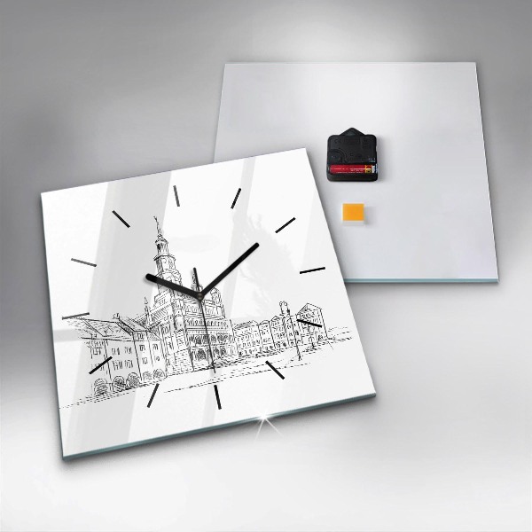 Square glass wall clock Sketch of the old town of Poznań