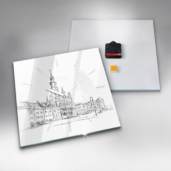 Square glass wall clock Sketch of the old town of Poznań