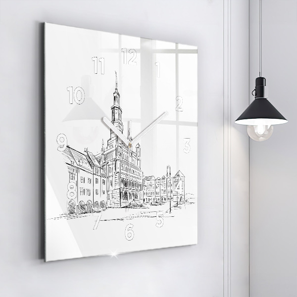 Square glass wall clock Sketch of the old town of Poznań
