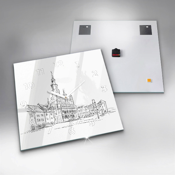 Square glass wall clock Sketch of the old town of Poznań