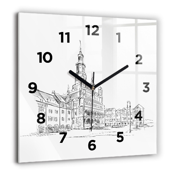 Square glass wall clock Sketch of the old town of Poznań
